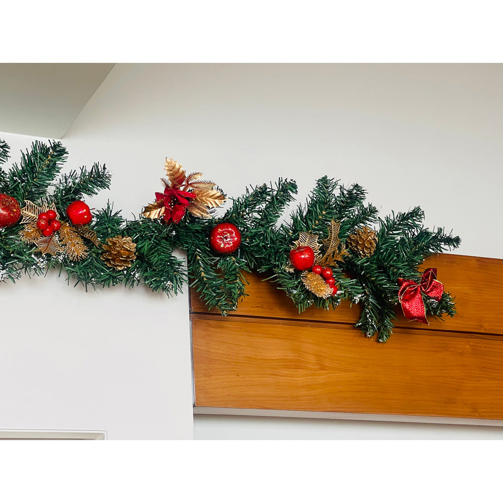 Little Surprise Box Gold & Red Themed Bushy Christmas Garland With Pinecones, Cherries And Fillers, 6.5 Feet