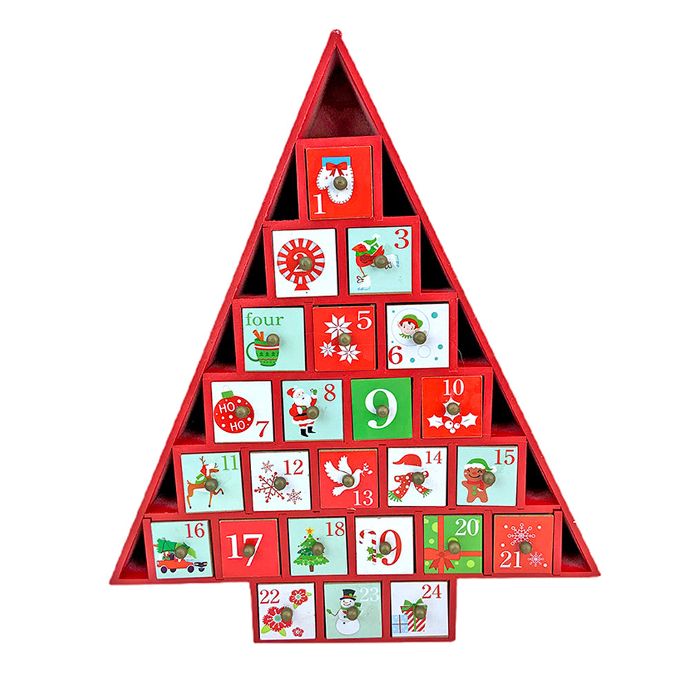 Little Surprise Box 24 days, Wooden Red Tree Shape Advent Calendar for Christmas