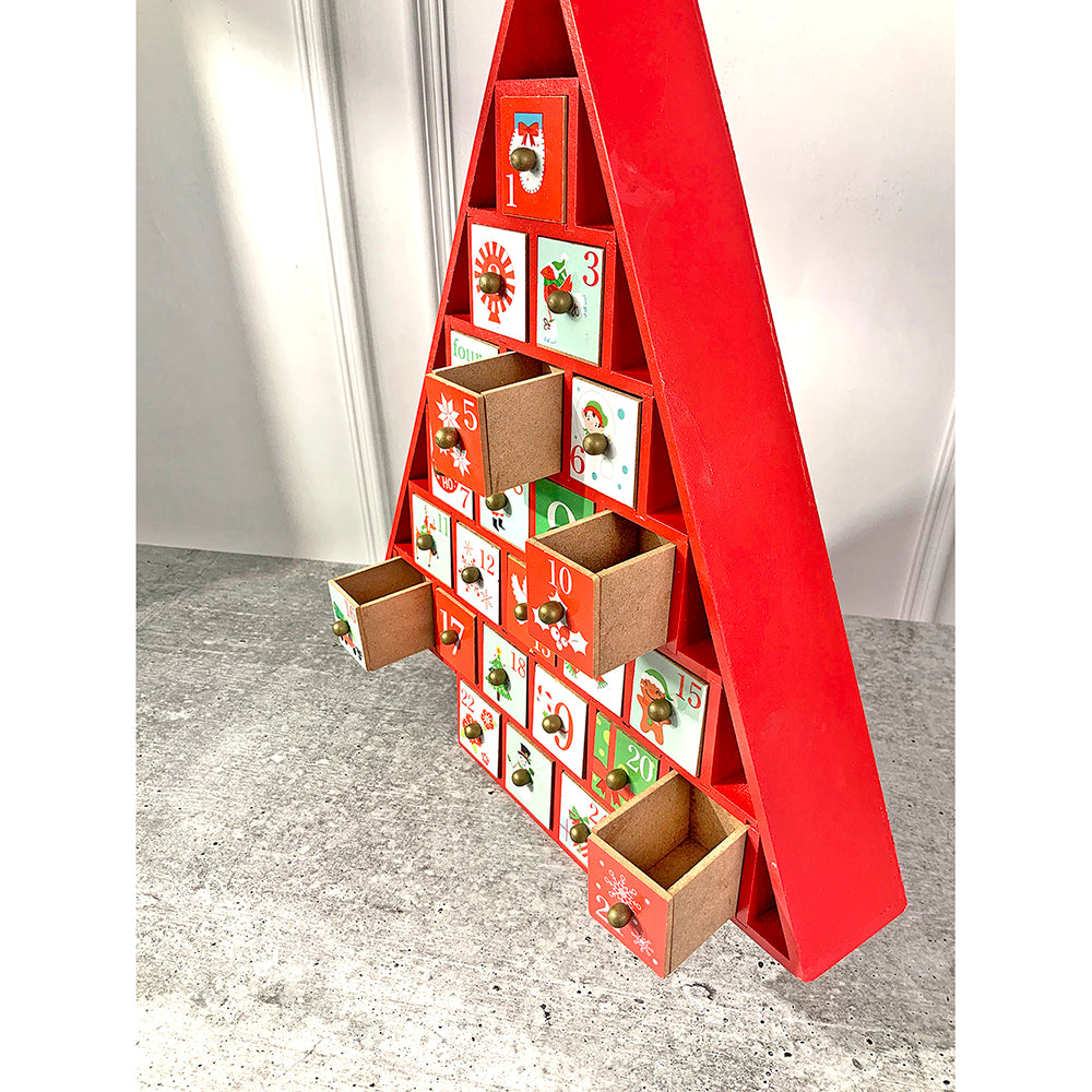 Little Surprise Box 24 days, Wooden Red Tree Shape Advent Calendar for Christmas