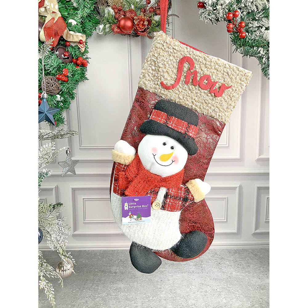 Little Surprise Box, Snow Lettering Snowman Christmas Stocking for Gifts and Christmas Décor, 18 inches