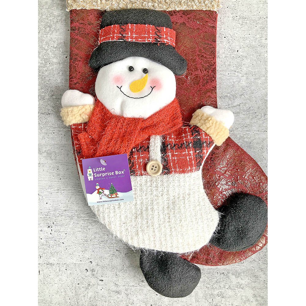 Little Surprise Box, Snow Lettering Snowman Christmas Stocking for Gifts and Christmas Décor, 18 inches