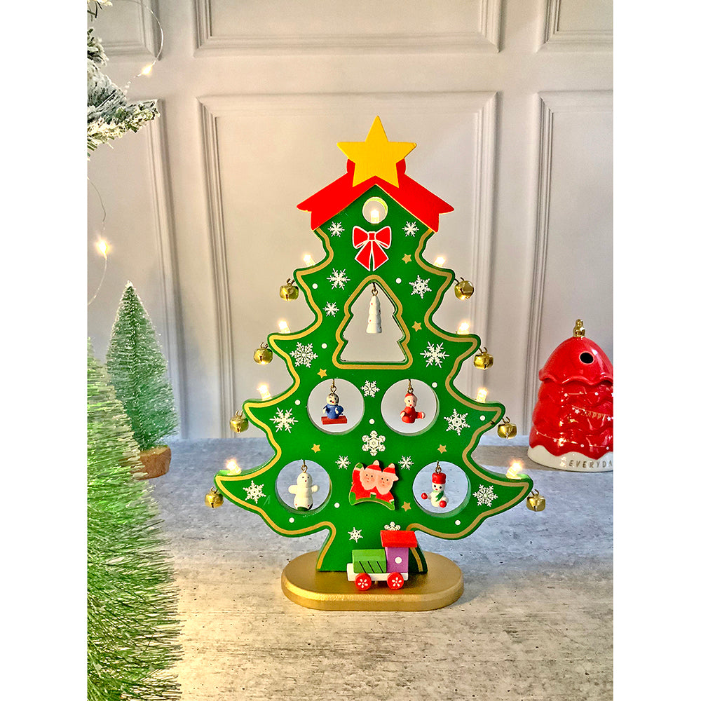 Little Surprise Box Green DIY Wooden Christmas Tree with LED Light, Christmas Table Décor