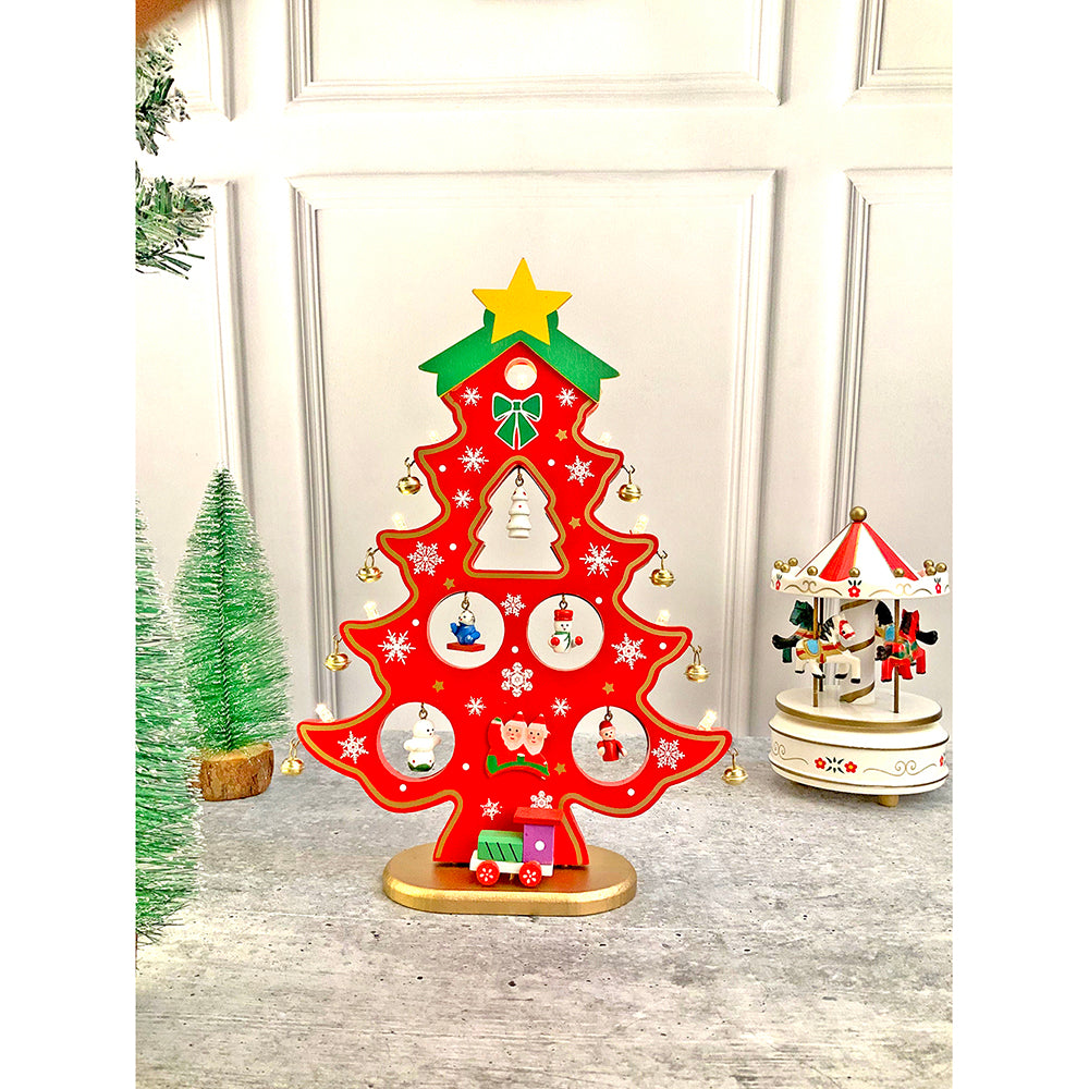 Little Surprise Box Red DIY Wooden Christmas Tree with LED Light, Christmas Table Décor