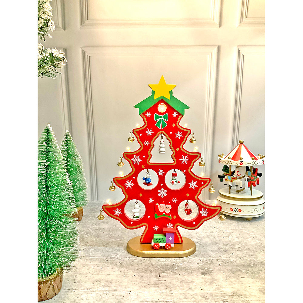 Little Surprise Box Red DIY Wooden Christmas Tree with LED Light, Christmas Table Décor