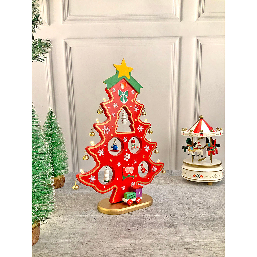 Little Surprise Box Red DIY Wooden Christmas Tree with LED Light, Christmas Table Décor