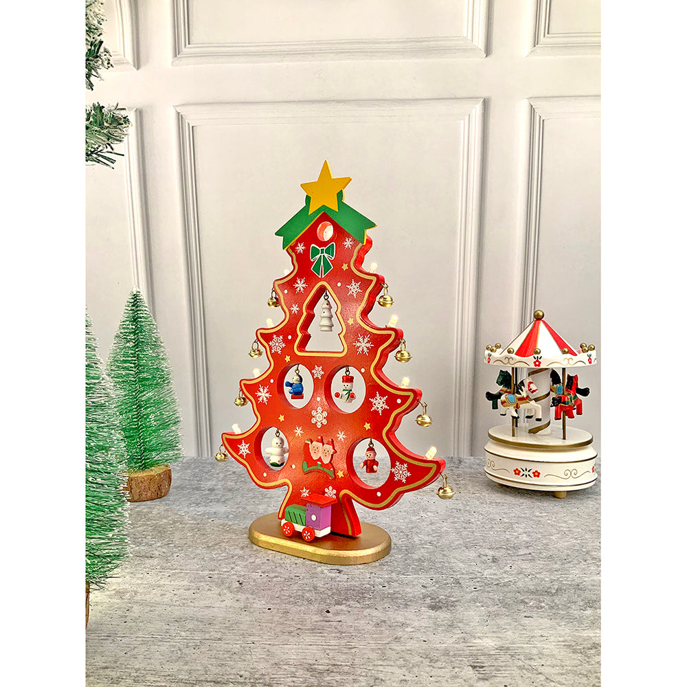 Little Surprise Box Red DIY Wooden Christmas Tree with LED Light, Christmas Table Décor