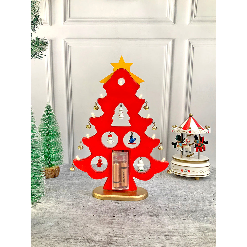 Little Surprise Box Red DIY Wooden Christmas Tree with LED Light, Christmas Table Décor