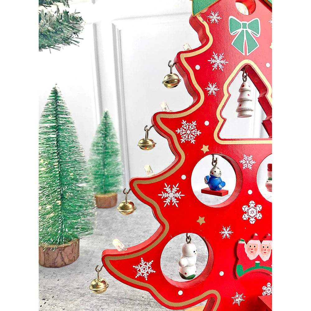 Little Surprise Box Red DIY Wooden Christmas Tree with LED Light, Christmas Table Décor