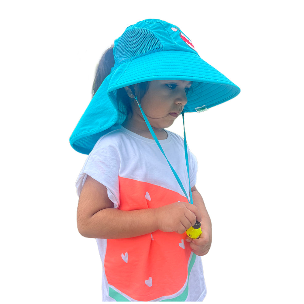 Little Surprise Box, Summer Hat With Wide Neck Flap For Kids, (3-10yrs),  Teal Dino.