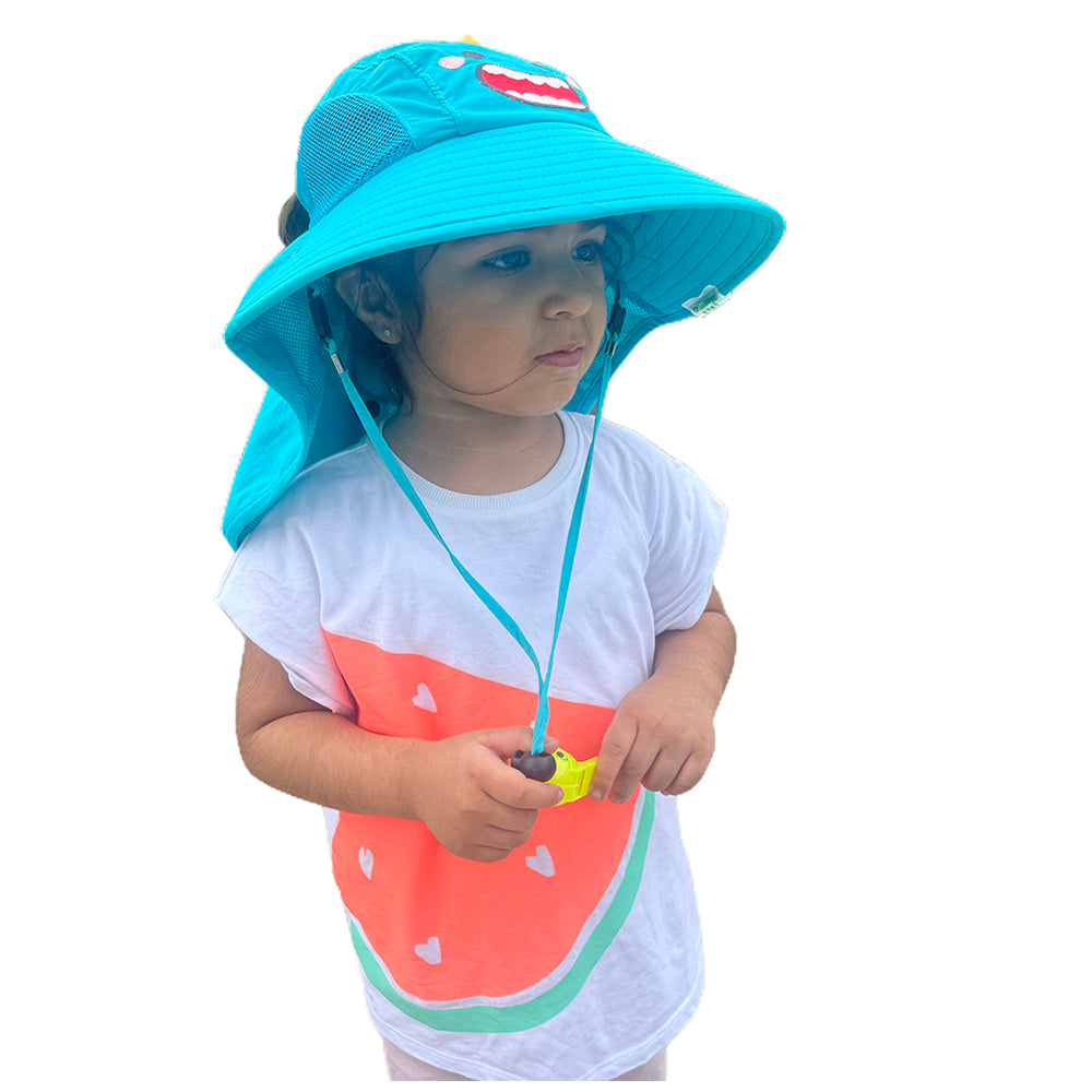 Little Surprise Box, Summer Hat With Wide Neck Flap For Kids, (3-10yrs),  Teal Dino.