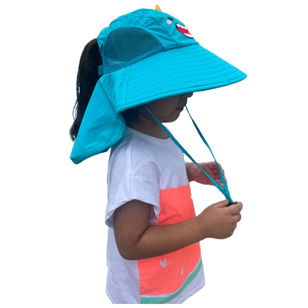 Little Surprise Box, Summer Hat With Wide Neck Flap For Kids, (3-10yrs),  Teal Dino.