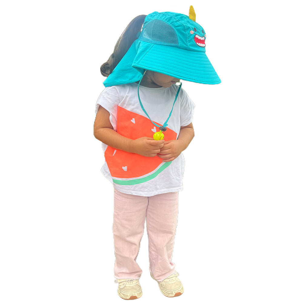 Little Surprise Box, Summer Hat With Wide Neck Flap For Kids, (3-10yrs),  Teal Dino.