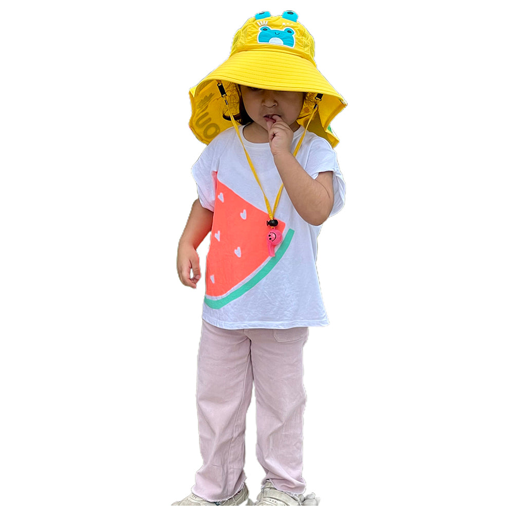 Little Surprise Box, Summer Hat With Wide Neck Flap For Kids, (3-10yrs),  Yellow Frog