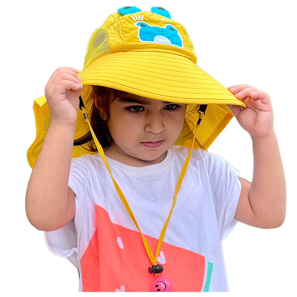 Little Surprise Box, Summer Hat With Wide Neck Flap For Kids, (3-10yrs),  Yellow Frog