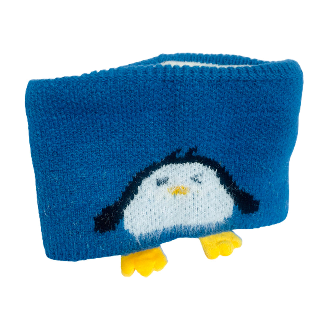 Light Blue Penguin Woven Stretchable Woolen Winter Cap For Kids With Matching Neck Muffler Set (3-10Yrs)