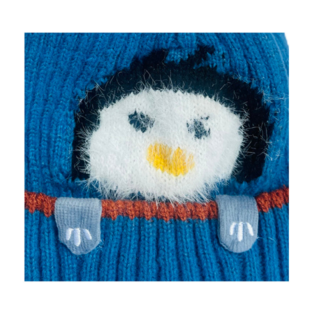 Light Blue Penguin Woven Stretchable Woolen Winter Cap For Kids With Matching Neck Muffler Set (3-10Yrs)