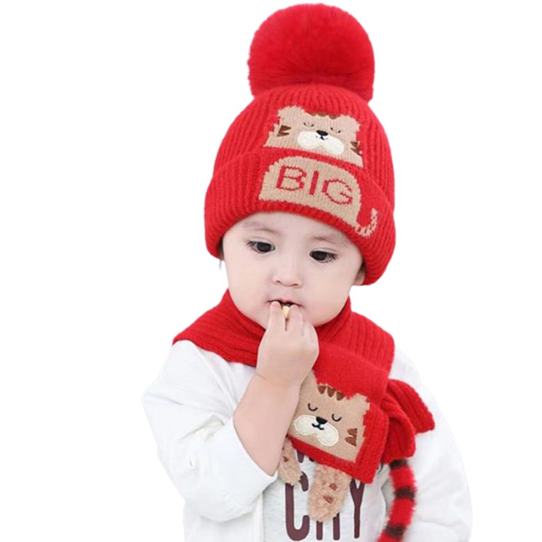 Red Bear Woven Stretchable Woolen Winter Cap For Kids with Matching Neck Muffler Set (3-10yrs)