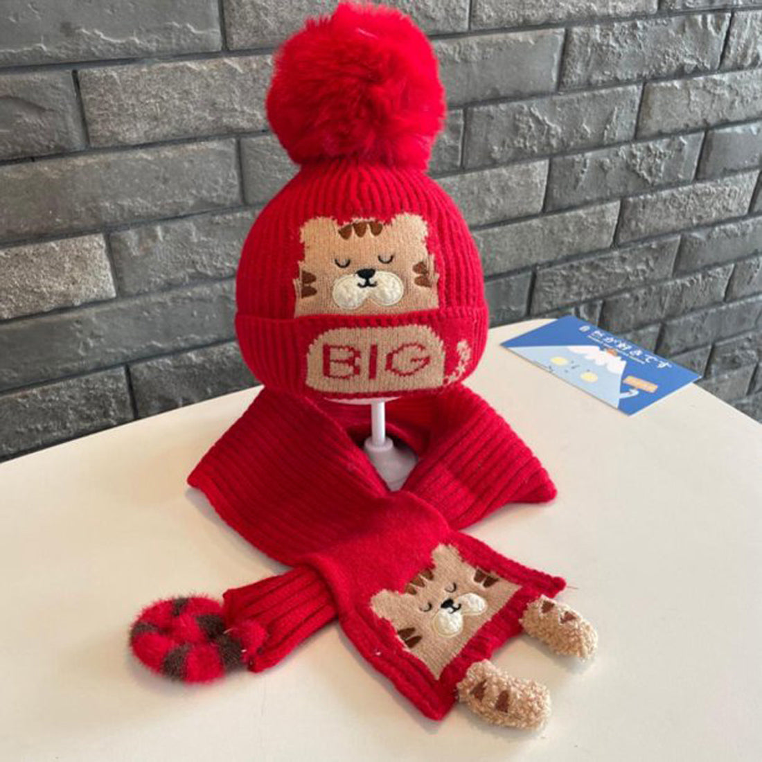 Red Bear Woven Stretchable Woolen Winter Cap For Kids with Matching Neck Muffler Set (3-10yrs)