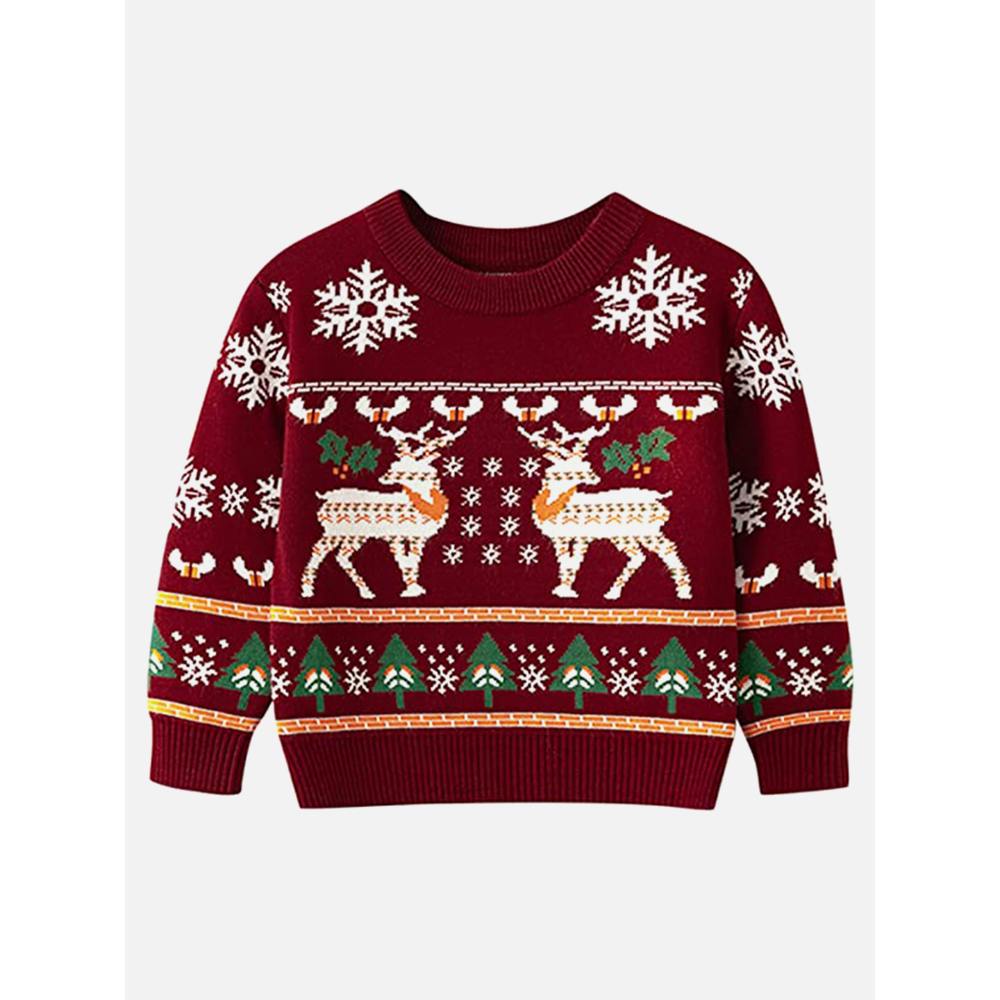 Maroon, Snowflakes & Deer Kids Cardigan Sweater, Round Neck