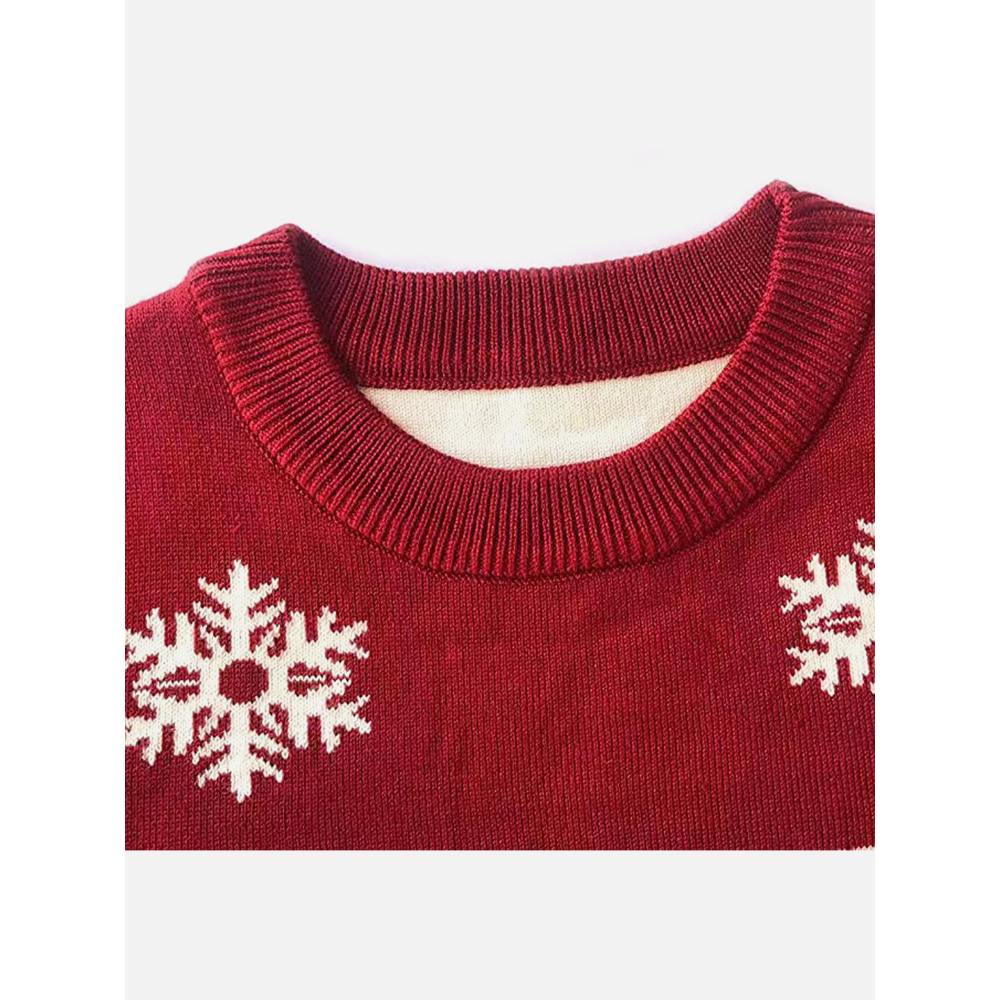 Maroon, Snowflakes & Deer Kids Cardigan Sweater, Round Neck