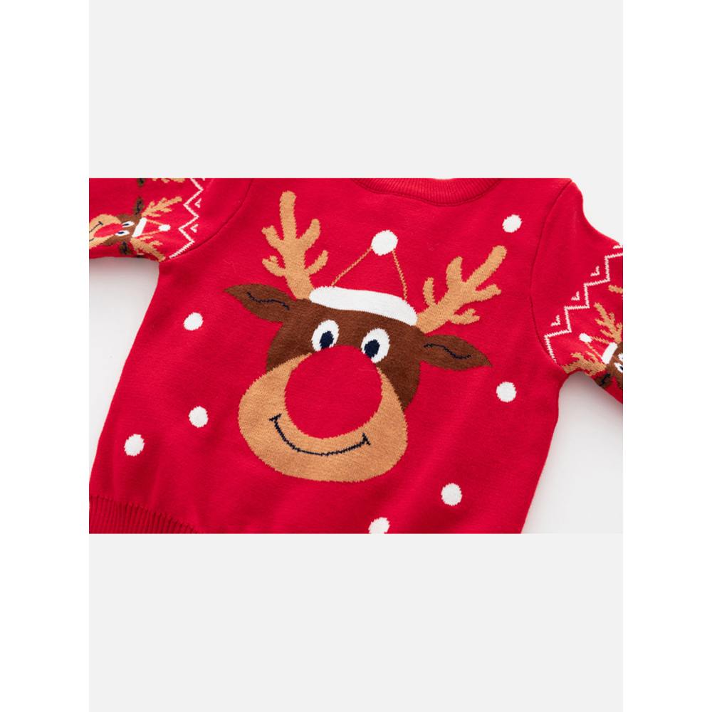 Red Snow Big Reindeer Face Kids Cardigan Sweater, Round Neck