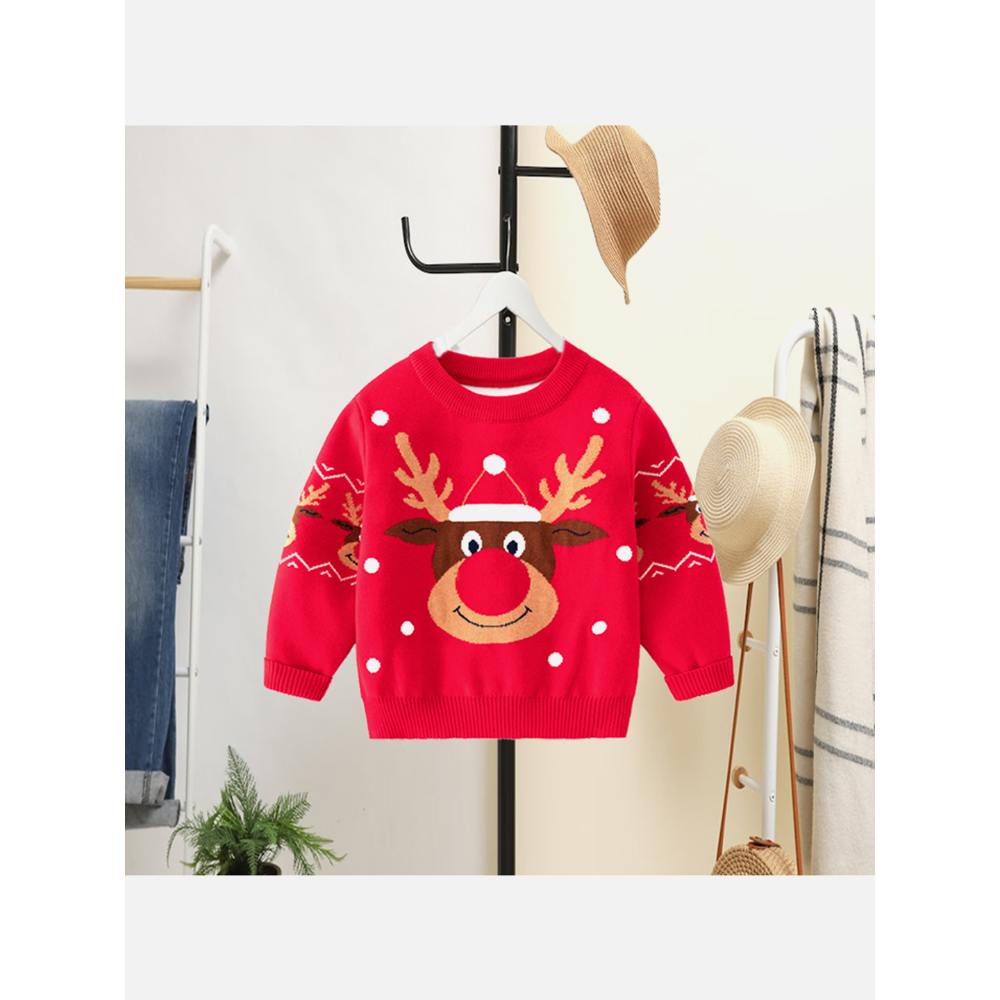 Red Snow Big Reindeer Face Kids Cardigan Sweater, Round Neck