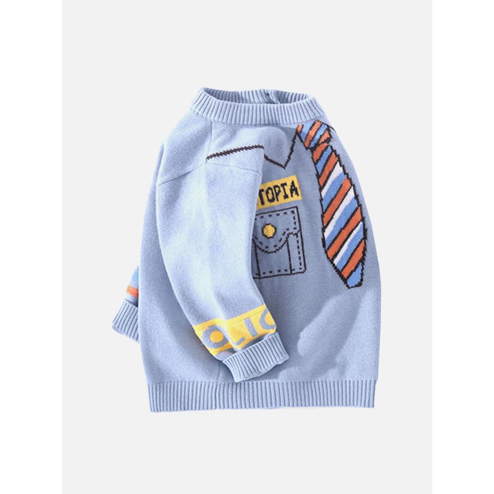 Light Blue, Little Man Tie Print Kids Cardigan Sweater, Round Neck