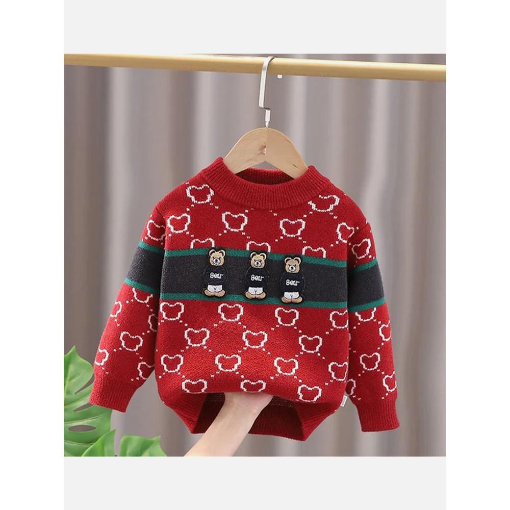 Kids Red Teddy Cardigan V Neck Sweater