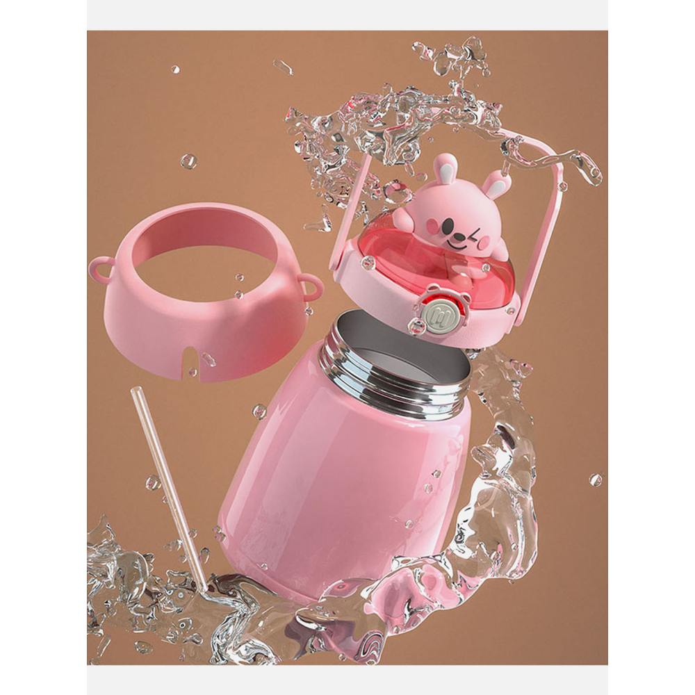 Kids Stainless Steel 3d Bunny Head DIY sticker Water Bottle with Handle, Pink, 950ml