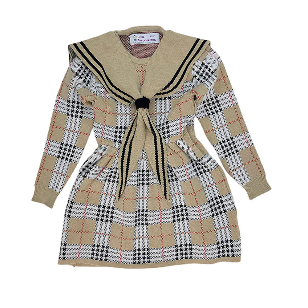 Little Surprise Box Beige Sailor Checkered Collar Knitted Frock Winterwear For Girls