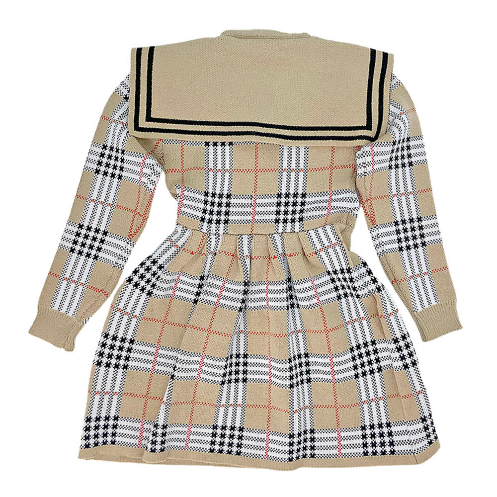 Little Surprise Box Beige Sailor Checkered Collar Knitted Frock Winterwear For Girls