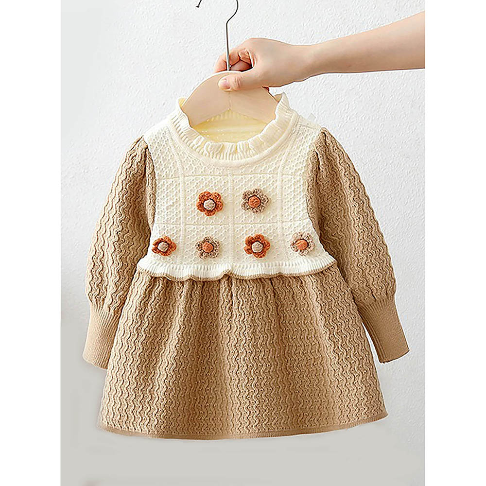 Little Surprise Box Brown & Cream Front Floral Jacket Patterned Knitted Frock Winterwear For Girls