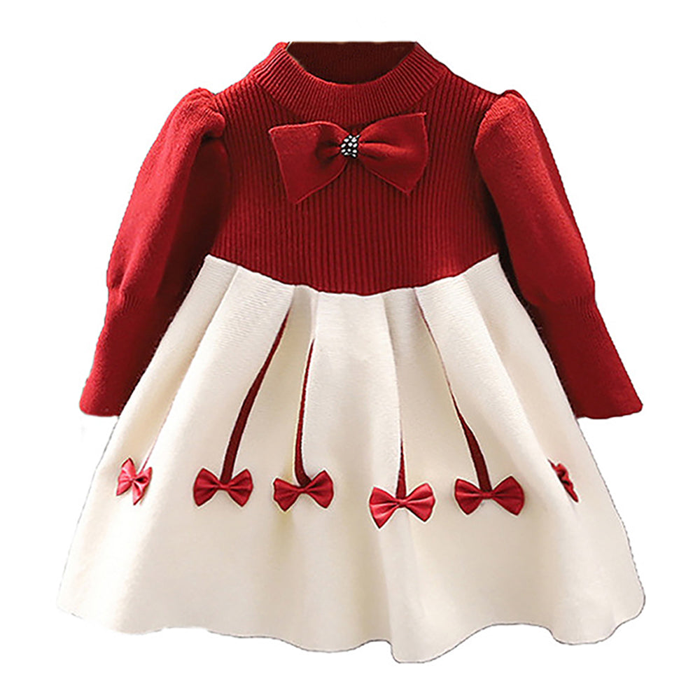 Little Surprise Box Maroon & Cream Little Bow Patterned Knitted Frock Winterwear With Matching Hair Clip For Girls