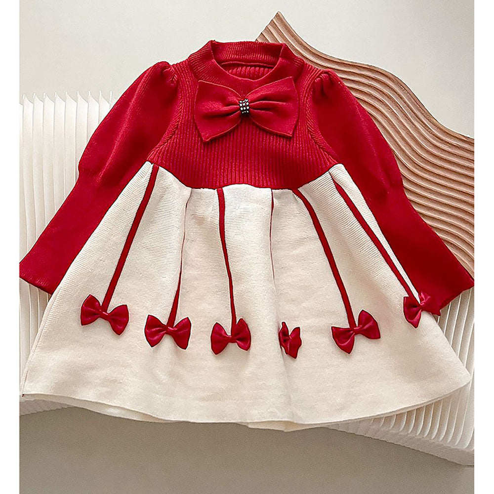 Little Surprise Box Maroon & Cream Little Bow Patterned Knitted Frock Winterwear With Matching Hair Clip For Girls