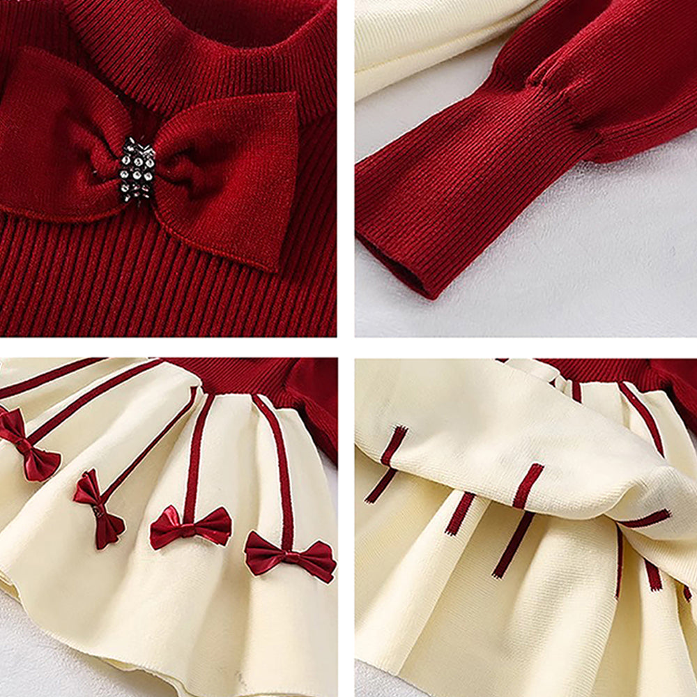 Little Surprise Box Maroon & Cream Little Bow Patterned Knitted Frock Winterwear With Matching Hair Clip For Girls