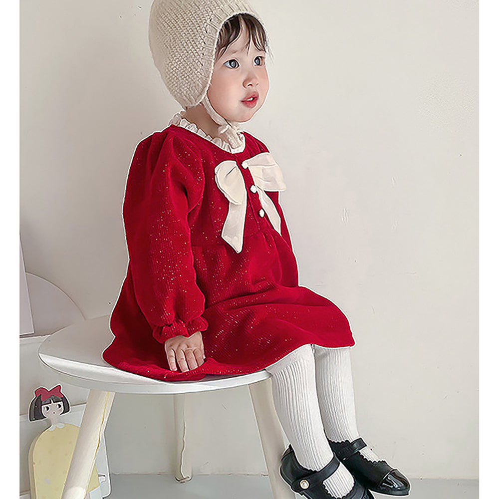 Little Surprise Box Maroon & Cream Big Bow Ruffled Neck Knitted Frock Winterwear For Girls