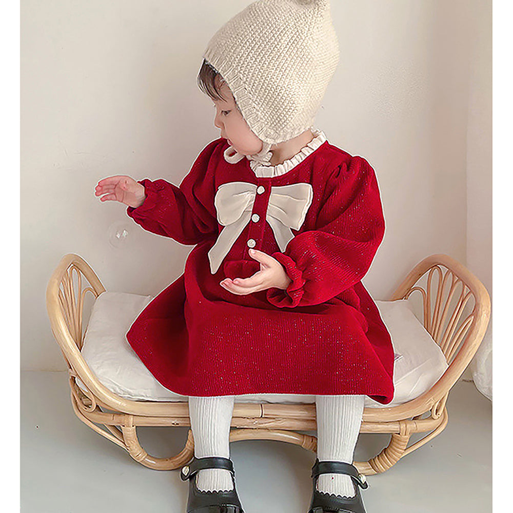 Little Surprise Box Maroon & Cream Big Bow Ruffled Neck Knitted Frock Winterwear For Girls