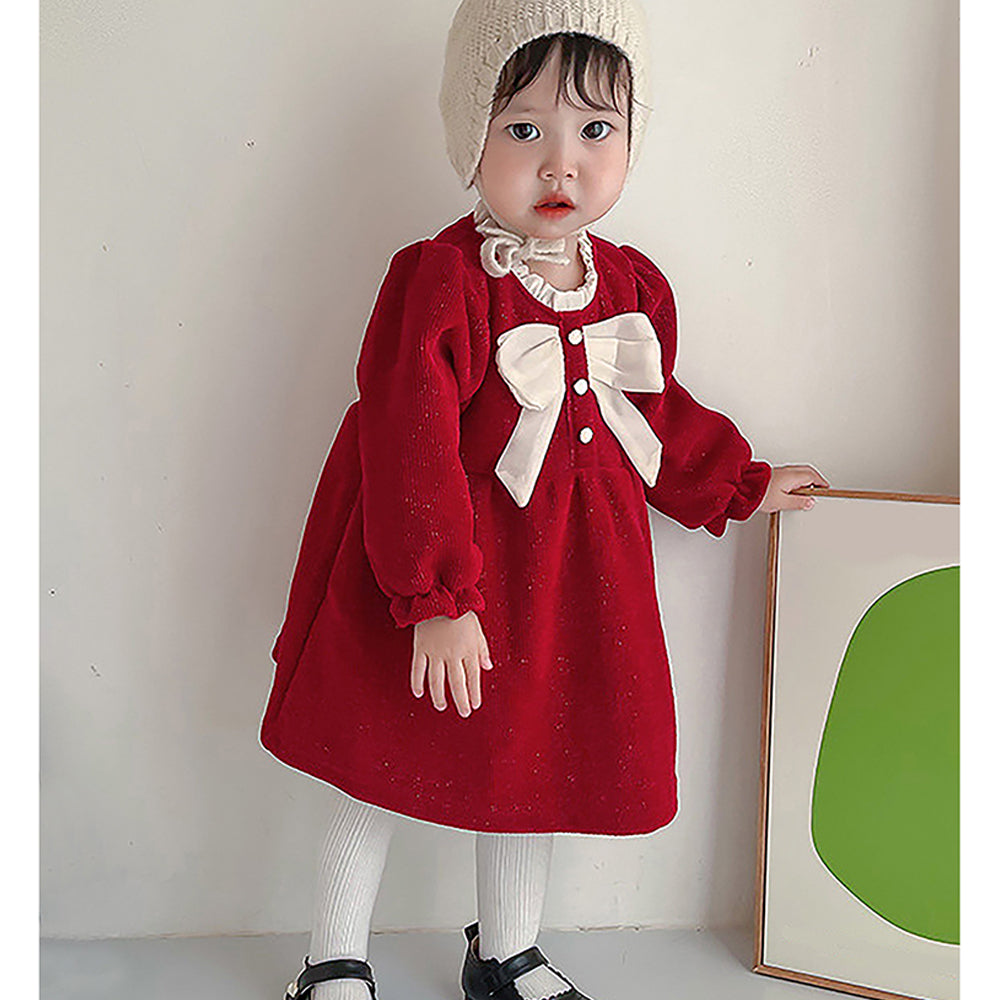 Little Surprise Box Maroon & Cream Big Bow Ruffled Neck Knitted Frock Winterwear For Girls