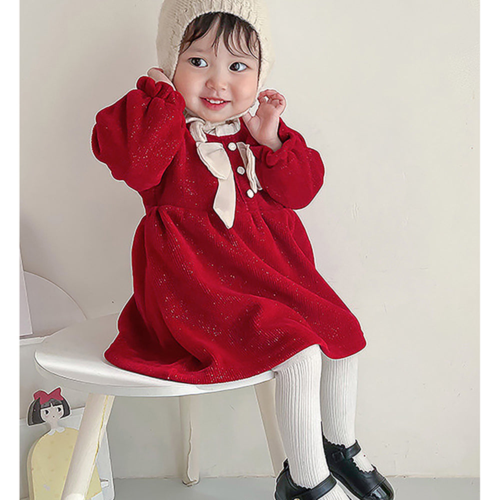 Little Surprise Box Maroon & Cream Big Bow Ruffled Neck Knitted Frock Winterwear For Girls