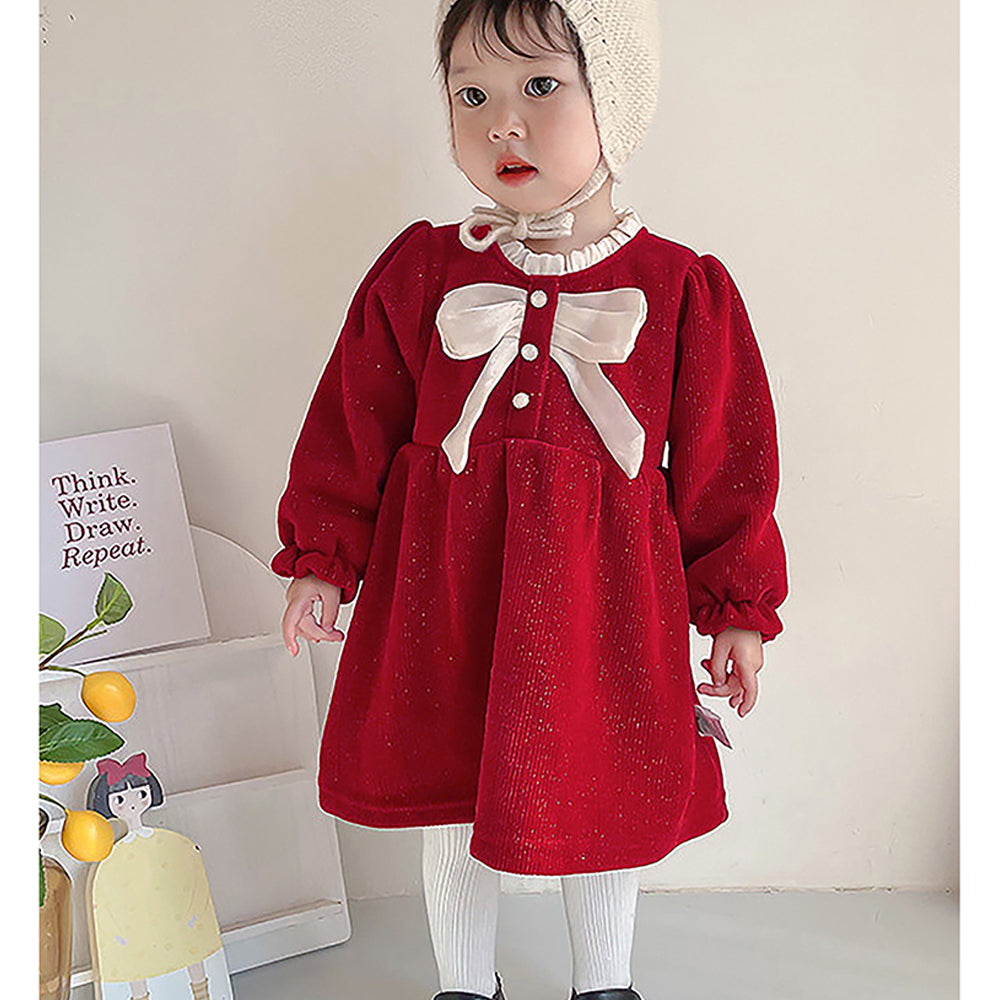 Little Surprise Box Maroon & Cream Big Bow Ruffled Neck Knitted Frock Winterwear For Girls