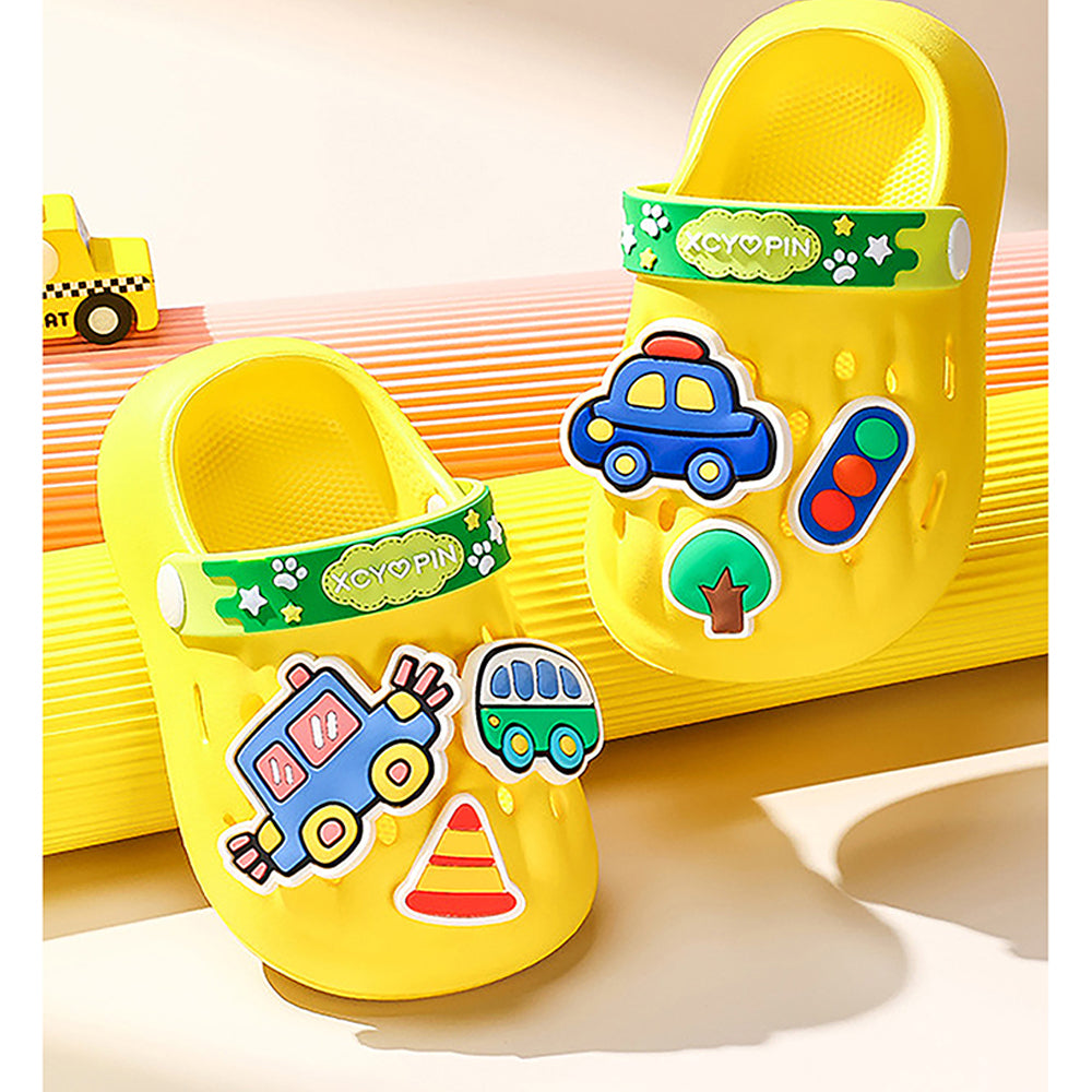 Little Surpise Box Yellow Transport Theme Slip On Clogs, Summer/Monsoon All Season Footwear For Toddlers & Kids.