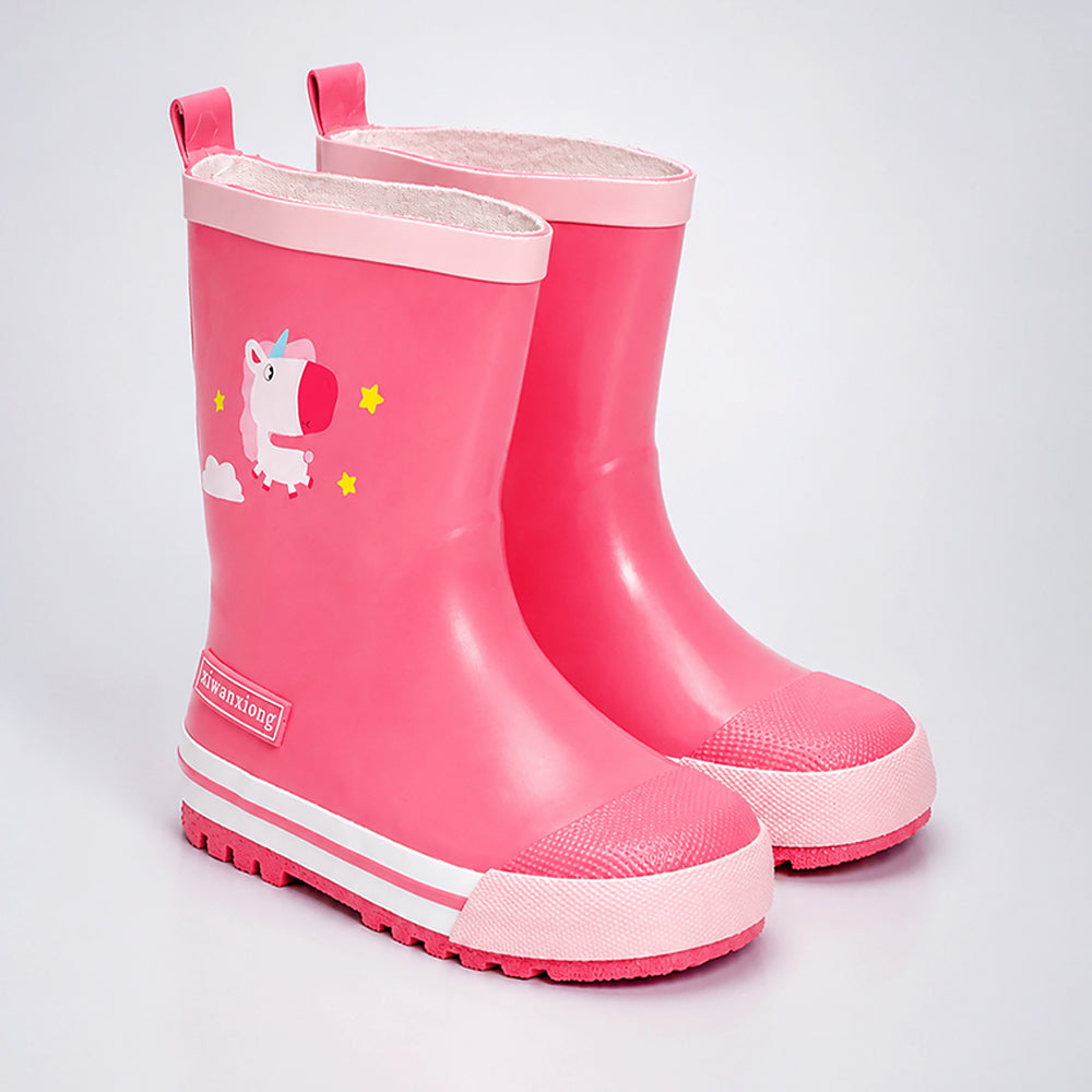 Pink children's rain boots with a cartoon design on a light gray background