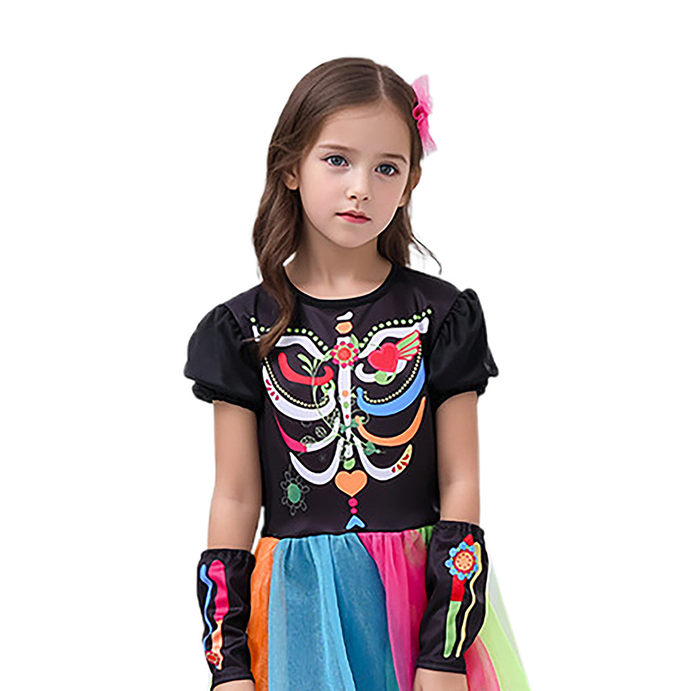 Little Surprise Box Colorful Skeleton Princess Kids Halloween Costume Dress Up