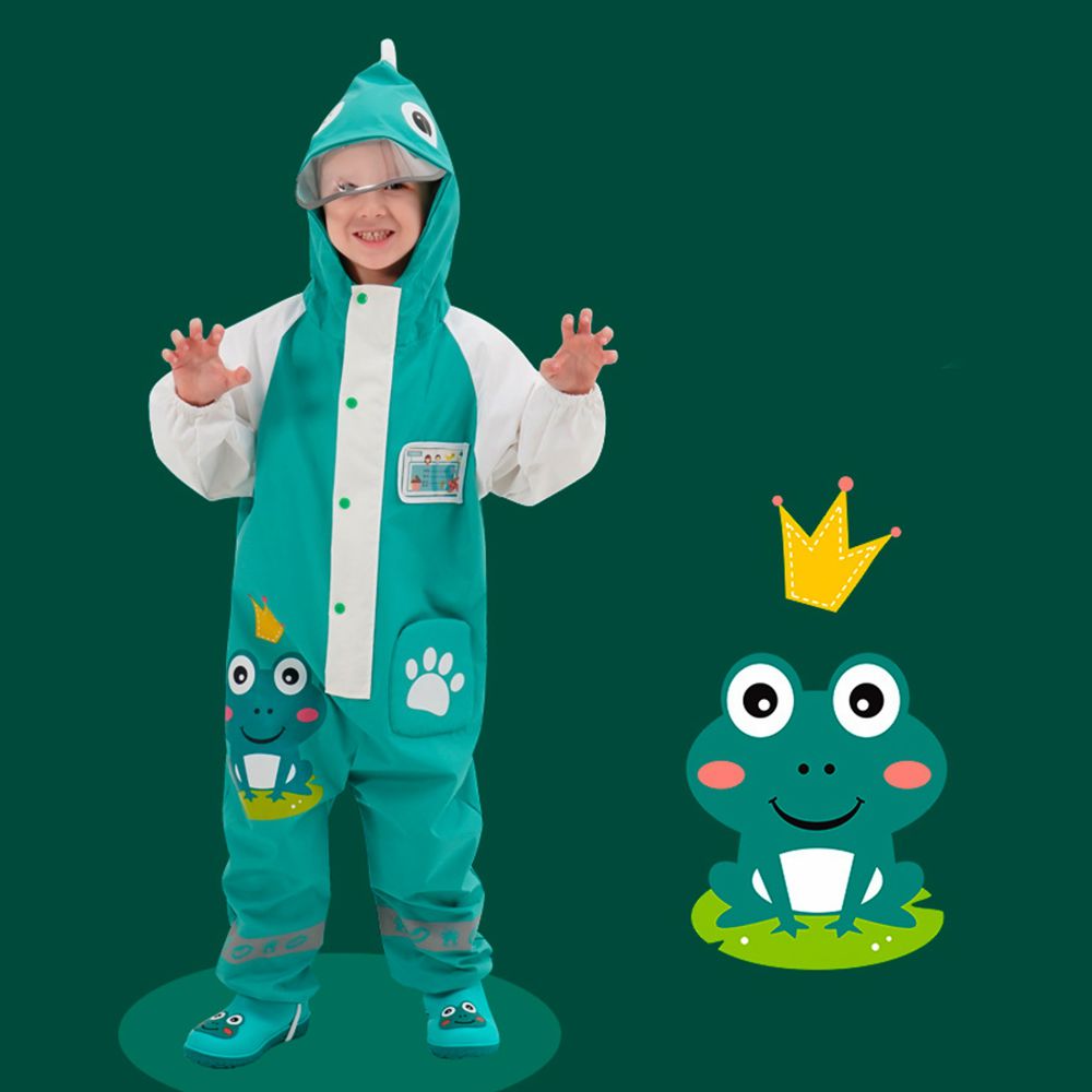 White & Teal Frog Full Jumpsuit Style Raincoat For Toddlers And Kids