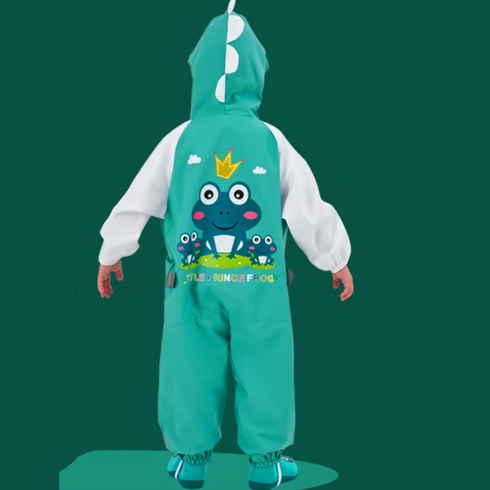 White & Teal Frog Full Jumpsuit Style Raincoat For Toddlers And Kids