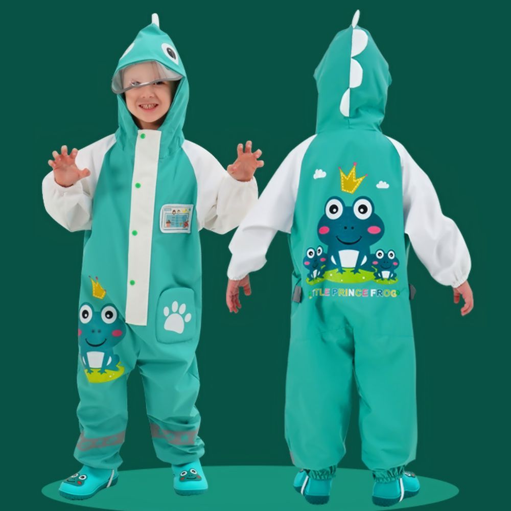 White & Teal Frog Full Jumpsuit Style Raincoat For Toddlers And Kids