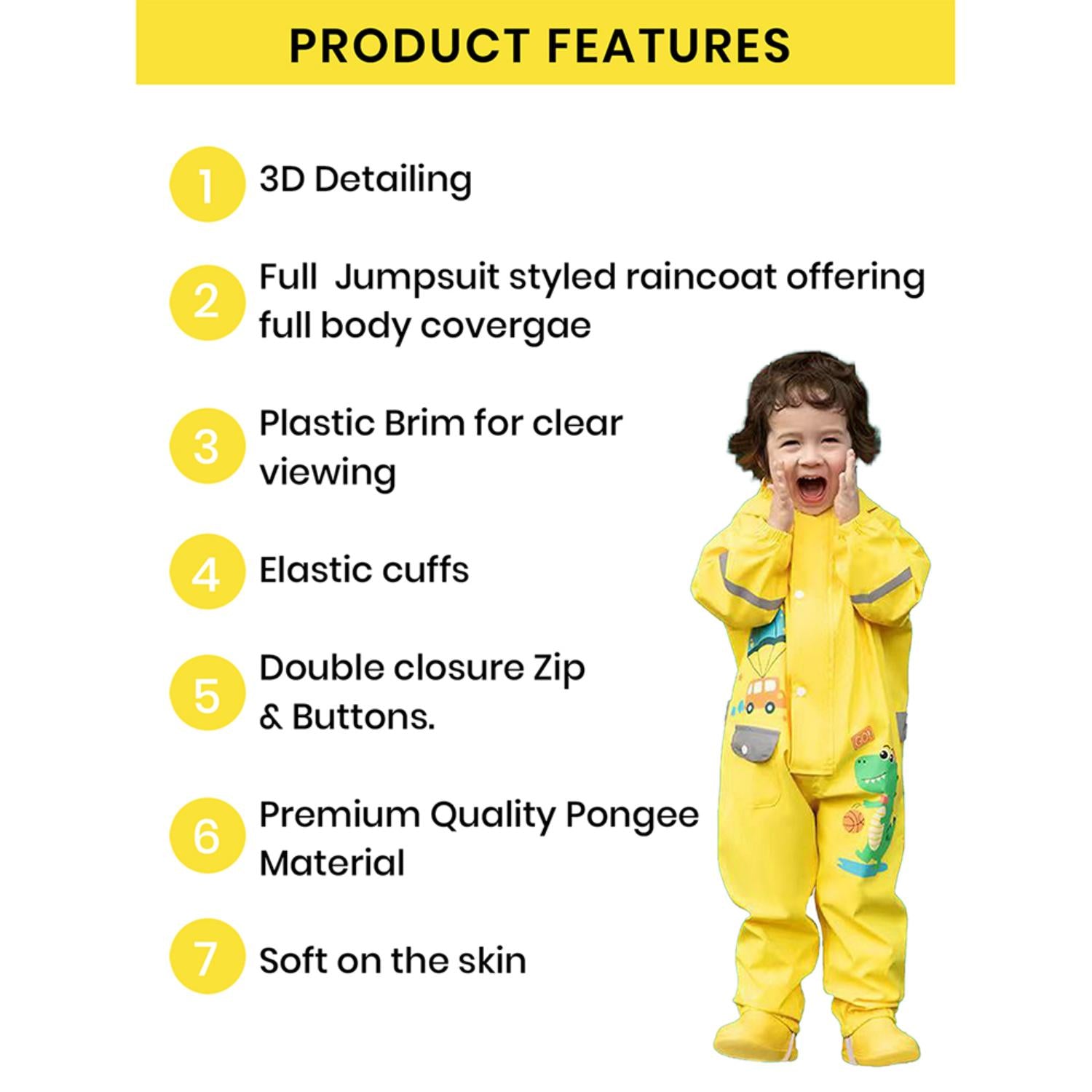 Little Surprise Box Yellow Parachute Dino theme full Jumpsuit Style Raincoat for Toddlers and Kids