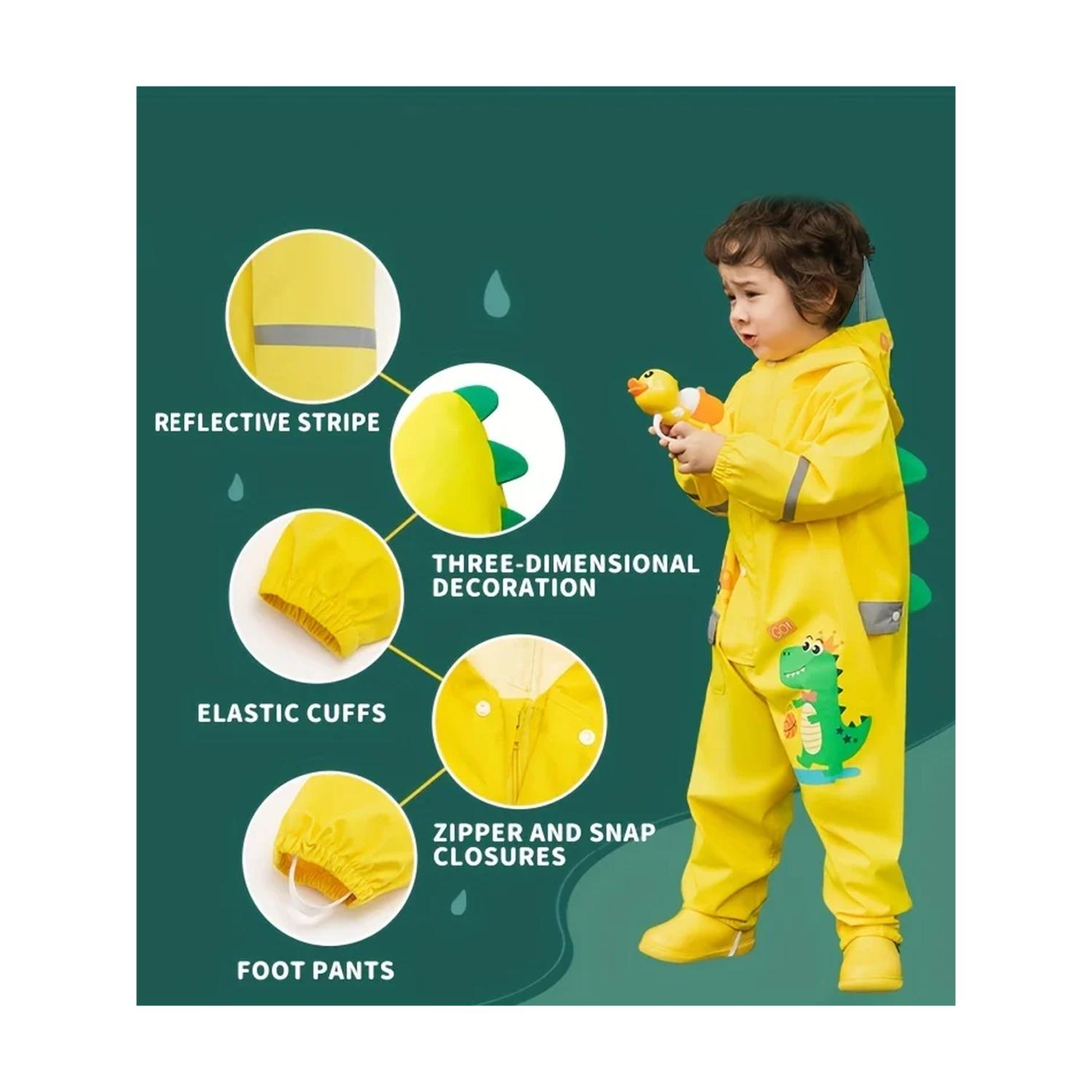 Little Surprise Box Yellow Parachute Dino theme full Jumpsuit Style Raincoat for Toddlers and Kids