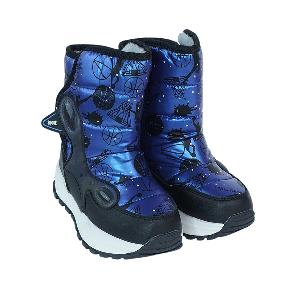 Little Surprise Box, Midnight Blue Basketball print, Waterproof Winter Snow Boots for Kids with Metal Cleats for Minus Degree Icy Terrains