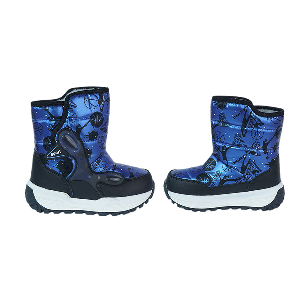 Little Surprise Box, Midnight Blue Basketball print, Waterproof Winter Snow Boots for Kids with Metal Cleats for Minus Degree Icy Terrains